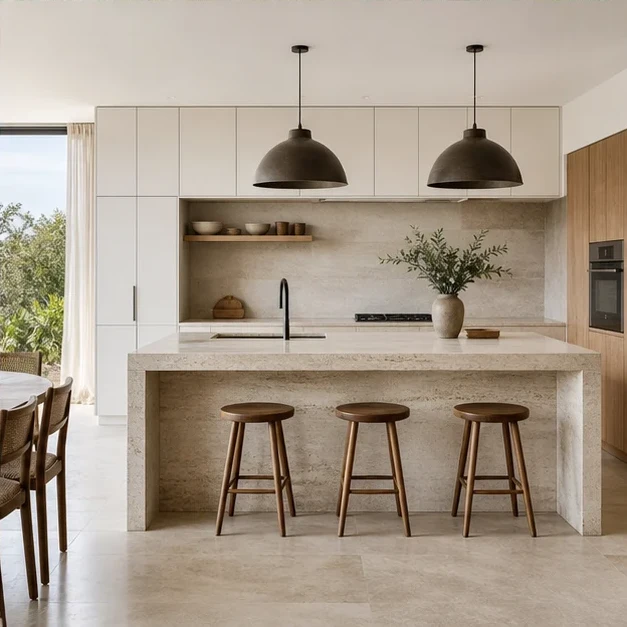 Concept image of a kitchen with a travertine island and white cabinets